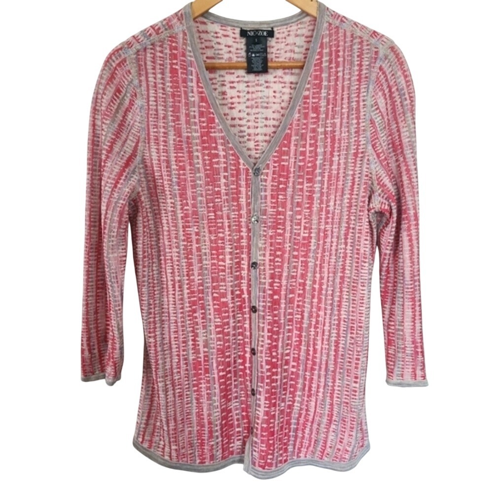 Nic+Zoe Pink Beige Linen Blend 3/4 Sleeve V-Neck Tubular Sunset Cardigan‎ Small